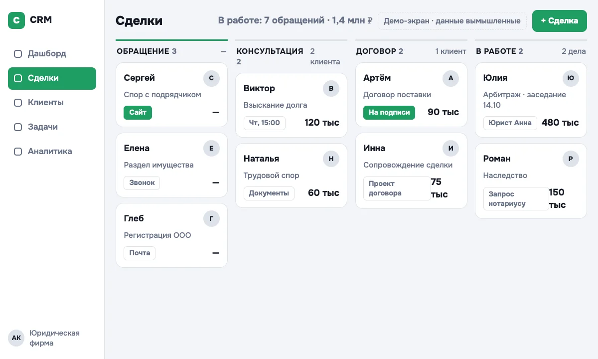 Пример CRM для отрасли «Юридическая фирма»: воронка обращений с карточками клиентов