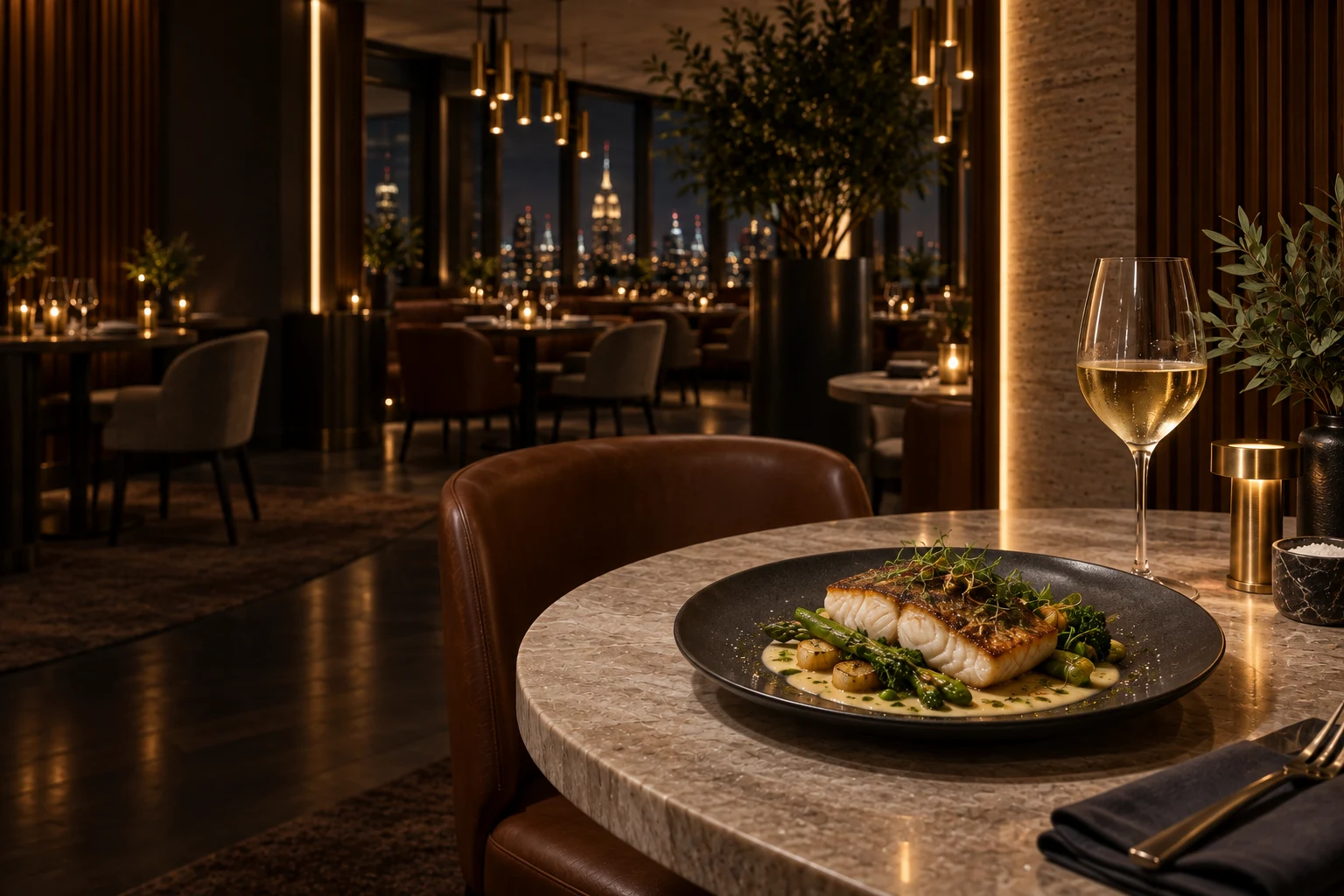 Рыба с овощами и бокалом белого вина в современном ресторане